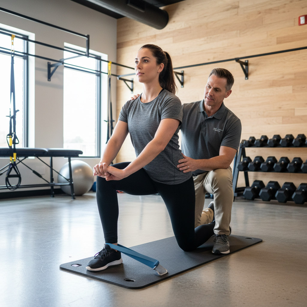An athlete executing a specialized exercise, such as a single-leg deadlift or a band-resisted movement, with a physical therapist providing hands-on cues and verbal instruction in a performance therapy setting.
