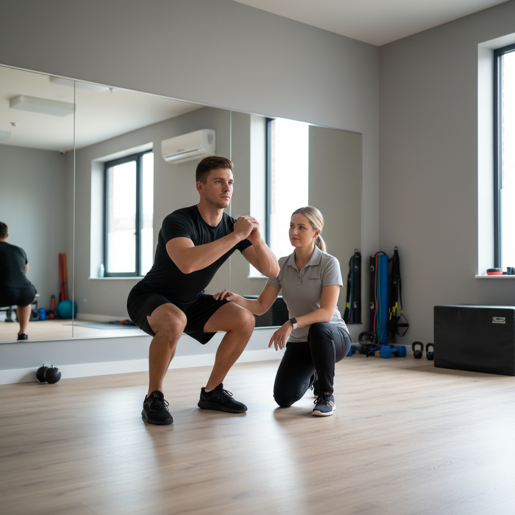 Athletic patient performing functional movement assessment with physical therapist at Lewis Center performance therapy facility