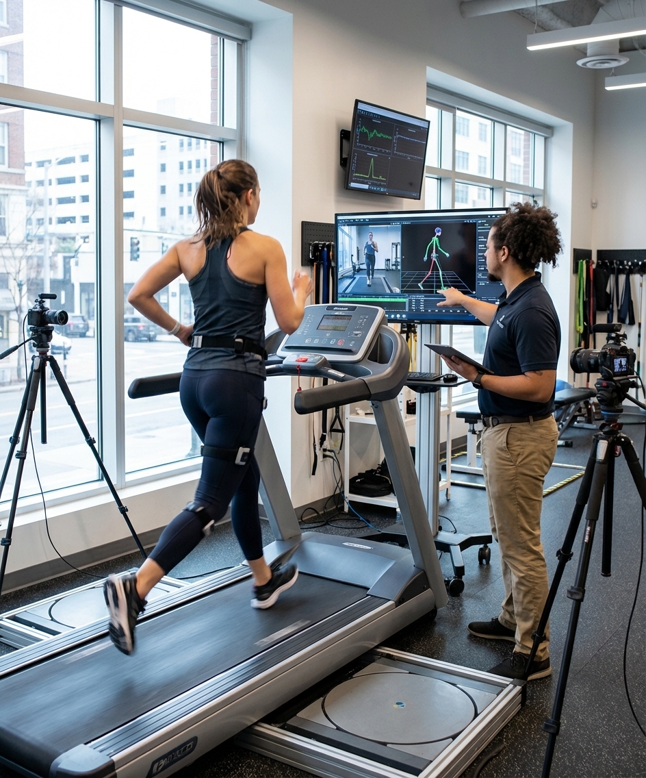 Runner receiving gait analysis at a running physical therapy clinic in Columbus
