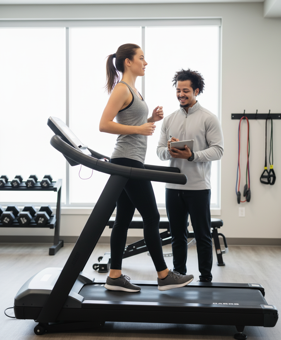 Physical therapist conducting gait analysis for running performance evaluation in Lewis Center